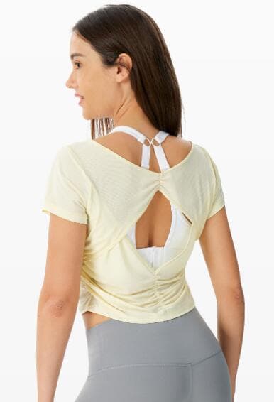 スポーツTシャツ 女性用背中開きヨガ半袖速乾スポーツ上着