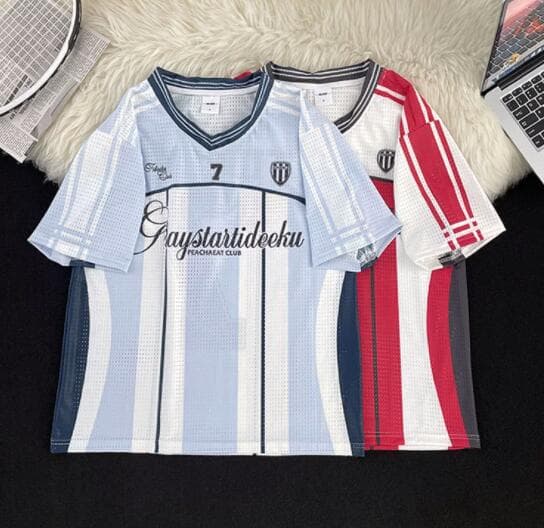 スポーツTシャツ 復古調ブイネック冷感メッシュ半袖スポーツ風シャツ
